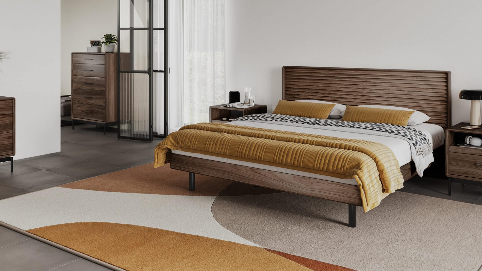 Cross Linq Bed King 9119 Bdi Walnut Modern Platform Bed Lighted Headboard Hero