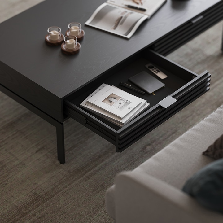 Cora Coffee Table 1172 Bdi Furniture Charcoal Modern Occasional Table Drawer Split 720
